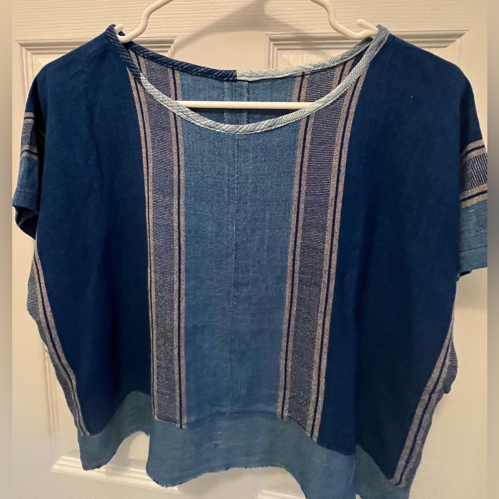 Hand tailored in Thailand Blue Striped Women's Cropped Top Linen Cotton Blend